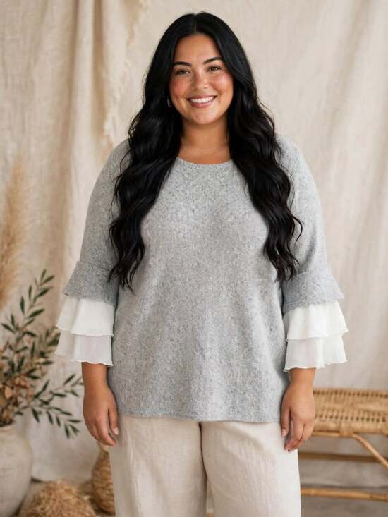 Nina Leonard Sweaters - Nina Leonard 3X Grey Knit Sweater Boho Feminine White Chiffon Ruffle Sleeve